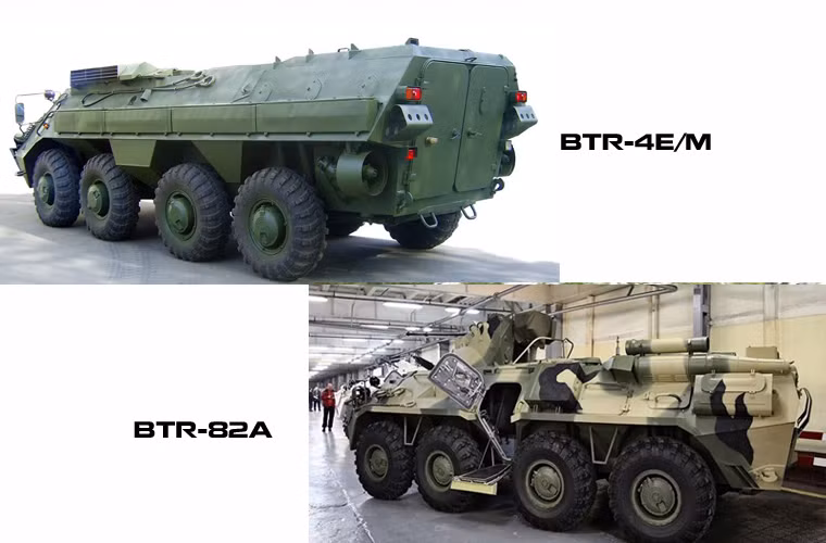  Xe bọc thép chở quân BTR-4E/M hầu như được thiết kế lại từ BTR-80 với khung thân to hơn, bọc giáp tốt hơn, và đặc biệt là bố trí cửa đổ quân phía sau xe để bảo đảm an toàn cho binh lính, BTR-82A vẫn sử dụng kiểu bố trí cánh cửa đổ quân chết người bên hông thân xe.
