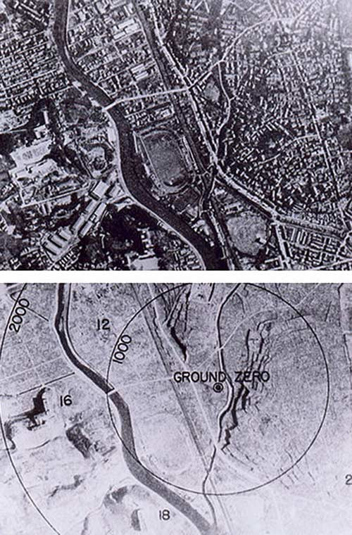 Không ảnh chụp trước và sau vụ nổ thành phố Nagasaki.