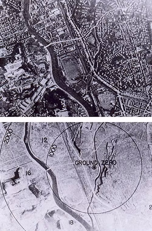 Không ảnh chụp trước và sau vụ nổ thành phố Nagasaki.
