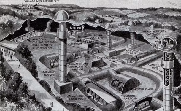 Sơ đồ của phòng tuyến Maginot với các ụ hỏa lực nổi trên mặt đất và toàn bộ công trình được đặt ngầm. Với kinh nghiệm của mình từ thời chiến tranh thế giới thứ nhất, Pháp khẳng định rằng nếu Đức tấn công vào tuyến phòng thủ này, Pháp sẽ khiến quân Đức phải sa lầy ngay từ biên giới. Nguồn ảnh: Epik.
