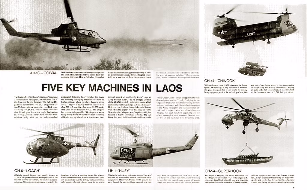 Tài liệu của Mỹ chỉ ra các loại phương tiện chủ chốt để tham chiến trong chiến dịch Lam Sơn 719. Các loại phương tiện này bao gồm trực thăng vận tải hạng nặng, trực thăng vũ trang và trực thăng đa dụng. Nguồn ảnh: Flickr.