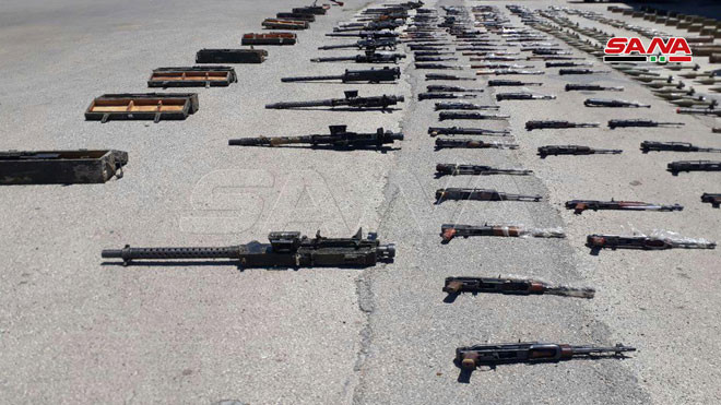 Số vũ khí, đạn dược đang được "tập kết" tại một địa điểm tại tỉnh Aleppo. Ảnh: SANA.
