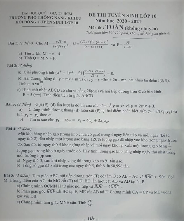 De thi mon Toan vao lop 10 truong Pho thong Nang khieu TP.HCM
