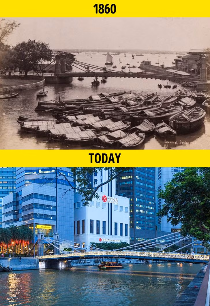 Cầu Cavenagh bắc qua sông Singapore năm 1860 (ảnh trên) và khung cảnh ở nơi này sau hơn 150 năm (ảnh dưới).