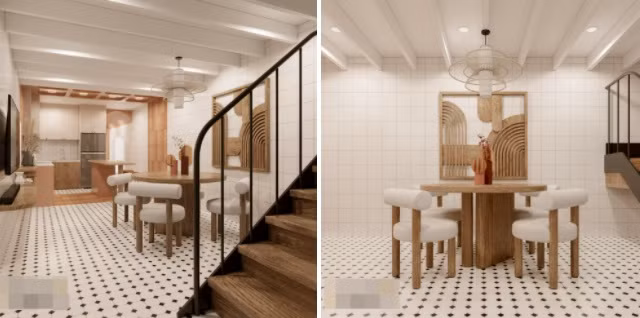 Tầng 2 là bếp và phòng ăn. Ở đây, kiến trúc sư dùng gạch men quả trám đen trắng lát nền tạo hiệu ứng, bộ bàn ăn tròn tiết kiệm không gian và phần bếp gọn gàng.