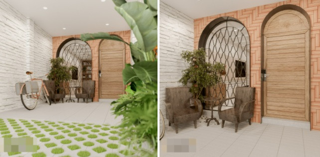 Phần hiên đệm trước khi vào nhà được trồng cỏ và bố trí hai chiếc ghế thùng theo phong cách thời bao cấp. Bộ ghế phối với bức tường ốp gạch đỏ và cửa sắt họa tiết quả trám khá đồng điệu.