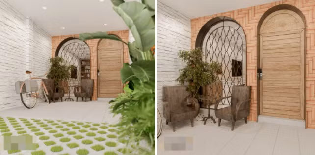 Phần hiên đệm trước khi vào nhà được trồng cỏ và bố trí hai chiếc ghế thùng theo phong cách thời bao cấp. Bộ ghế phối với bức tường ốp gạch đỏ và cửa sắt họa tiết quả trám khá đồng điệu.