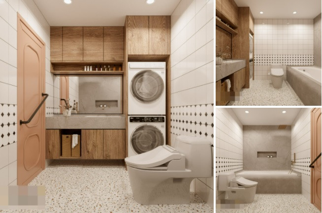 Diện tích hạn chế nên kiến trúc sư bố trí phòng tắm, giặt chung với nhau. Tuy nhiên, hai phần khô và ướt riêng biệt để tránh ảnh hưởng đến máy giặt và máy sấy. Phần tay nắm cửa bằng thép không gỉ, thuận tiện cho người cao tuổi khi sử dụng. 