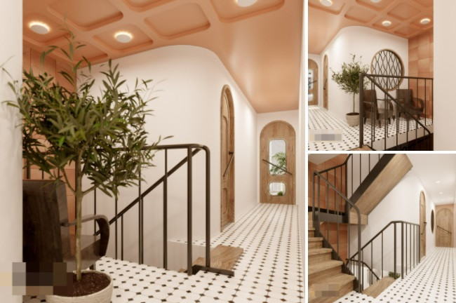 Cầu thang tay vịn bằng sắt, không làm nhà bị bí bách, gió dễ lưu thông. Khu vực sảnh ở đây cũng được kê bộ ghế thùng kiểu xưa, làm nơi ngồi nghỉ, thư giãn và lấp đầy khoảng trống. 