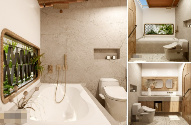 Phòng tắm ở tầng mái, có khoảng không lắp kính, lấy ánh sáng, gió trời. Bồn tắm đặt sát cửa sổ, nhìn ra vườn, mang đến cho gia chủ cảm giác như đi spa. 