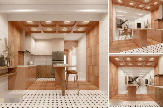 Tầng 2 được sử dụng trọn vẹn cho bếp và bàn ăn nên khá rộng rãi, kiến trúc sư có thể thoải mái sáng tạo.