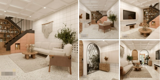 Phòng khách hiện đại với bộ sofa gỗ đơn giản. Lối lên cầu thang được tận dụng làm giá sách. Kiến trúc sư Trang Đặng cho biết, công trình chỉ sử dụng 70% diện tích làm nhà, còn 30% làm cổng, sân vườn. Cách thiết kế như vậy giúp nhà có không gian "dễ thở", thoáng mát. 