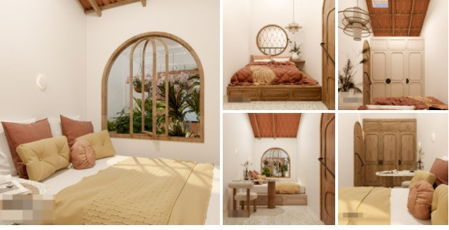 Phòng ngủ áp mái bên khung cửa nhiều cây xanh.