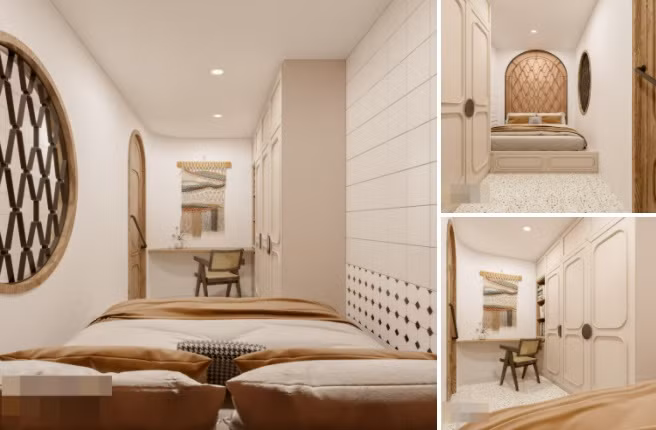 Phòng ngủ nhỏ nhưng vẫn đầy đủ tủ, giường, bàn làm việc. Hệ tủ cao kịch trần giúp chứa được nhiều đồ, không làm phòng bị bừa bộn. 