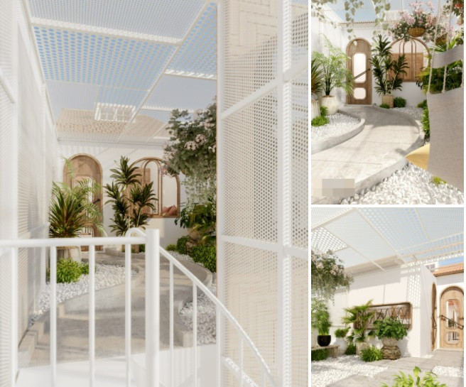 Sân vườn như khu nghỉ dưỡng được lắp hàng rào mắt cáo tinh tế, sơn tĩnh điện. Phần hàng rào này có thể trồng giàn leo, lắp hệ thống trồng rau sạch... 