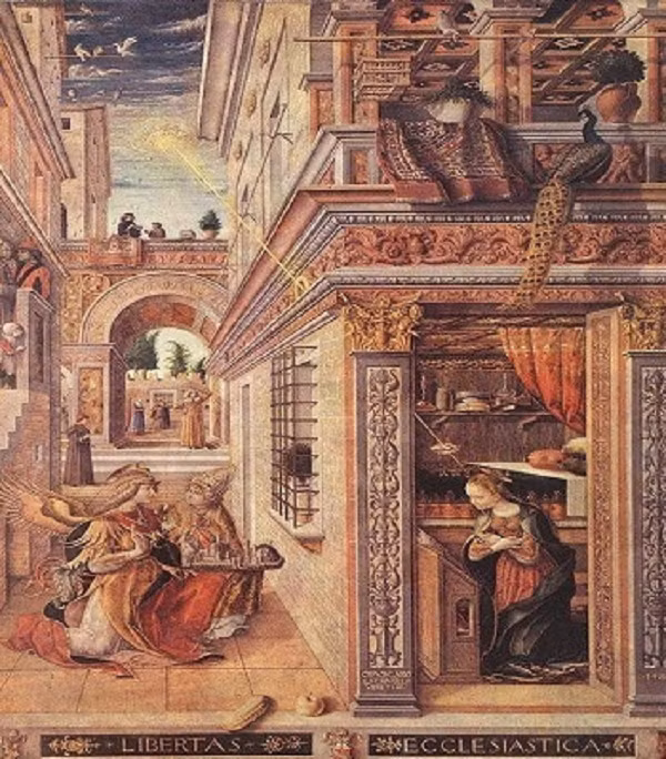 Trong bức tranh "Truyền tin với Thánh Emidius" do Carlo Crivelli vẽ năm 1486, một vật thể tròn phát ra chùm ánh sáng chiếu xuống Đức mẹ Đồng trinh Mary.