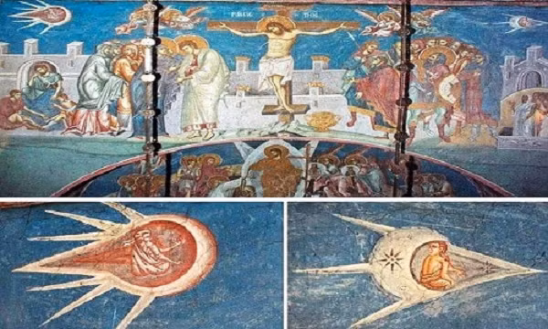 Trường hợp đầu tiên khắc họa UFO là bức tranh "Chúa Jesus bị đóng đinh trên cây thánh giá" do một họa sĩ vô danh vẽ trên tường ở tu viện Visoki Decani tại Kosovo, Nam Tư, vào năm 1350. Trong tranh, hai vật thể lạ chở theo phi công xuất hiện trên bầu trời ở cả hai bên của Chúa Jesus.