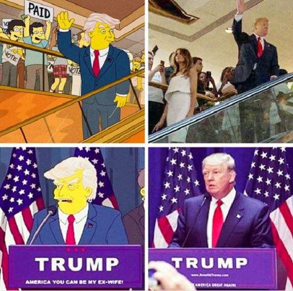Các tác giả của The Simpsons đã từng thực hiện một tập phim trong năm 2000, nội dung thể hiện trò đùa về Donald Trump khi ông đắc cử vị trí tổng thống của Hoa Kỳ. Có thể họ không bao giờ nghĩ rằng điều đó lại trở thành hiện thực!
