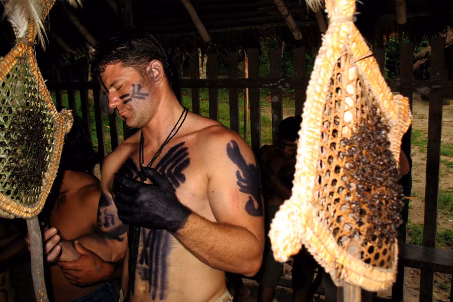 Những chàng trai cho hai tay vào găng tay 10 phút để những con kiến đạn tấn công. 