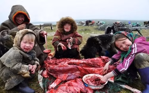 Một bữa ăn ngoài trời của lũ trẻ với thịt sống và máu tươi. Ảnh: Alessandra Meniconzi.