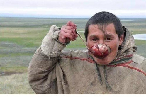 Một người đàn ông uống máu tuần lộc. Ảnh: articphoto.co.uk.