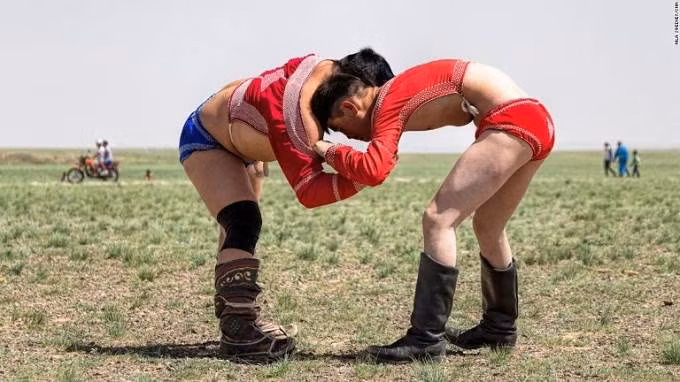 Đấu vật sư tử. Môn đấu vật là một trong ba môn thể thao dành cho nam giới được tổ chức trong lễ hội Naadam hằng năm ở Mông Cổ, thu hút khoảng 3.000 thí sinh. Hai môn còn lại là đua xe bắn cung và cưỡi ngựa. Không chia thể thức theo cân nặng như các giải đấu vật khác, những trận đấu được đánh giá dựa trên chiến lược. Mọi người thường xem một đối thủ nhẹ cân hơn thử vận may của mình chống lại một đối thủ rắn chắc. Sau khi trận đấu kết thúc, người chiến thắng sẽ nhảy “Điệu nhảy đại bàng” trong danh dự trước sự chứng kiến của giám khảo và người thua cuộc. Người chiến thắng chung cuộc sẽ được trao danh hiệu “Sư tử”.