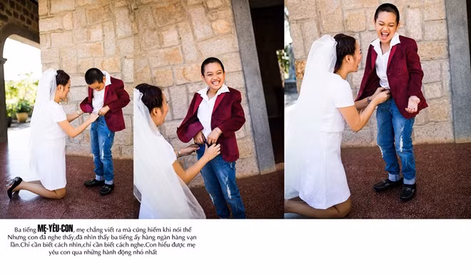 Cả hai vào vai cô dâu chú rể. "Với tôi, người đàn ông mang đến hạnh phúc thật sự chỉ có con trai", Thanh nói.