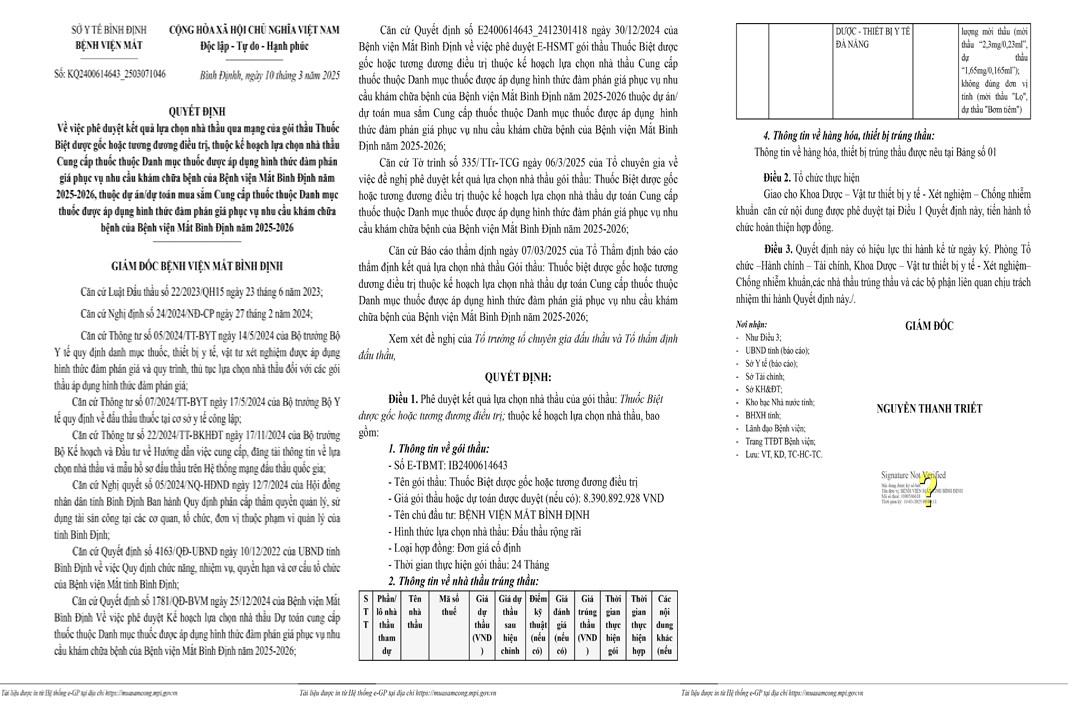 Lo dien nha thau cung cap thuoc Biet duoc goc cho BV Mat Binh Dinh