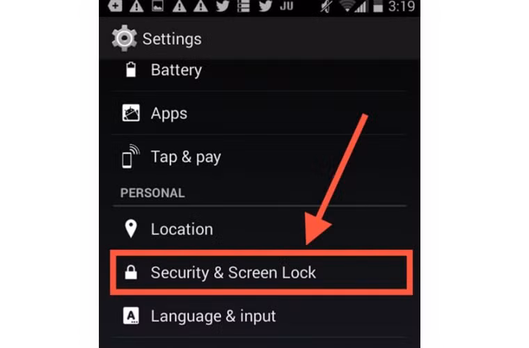 Google có một số công cụ được đưa vào trong điện thoại Android của bạn có thể giúp bạn tìm ra. Hoặc ít nhất, thì các công cụ này cũng giúp bạn xóa hết các dữ liệu và nội dung do đó bất kể ai lấy chiếc điện thoại của bạn cũng không thể tiến hành các phá hoại. Đầu tiên, vào cài đặt trong máy điện thoại của bạn. Từ đây, tìm phần "Security" (An ninh).