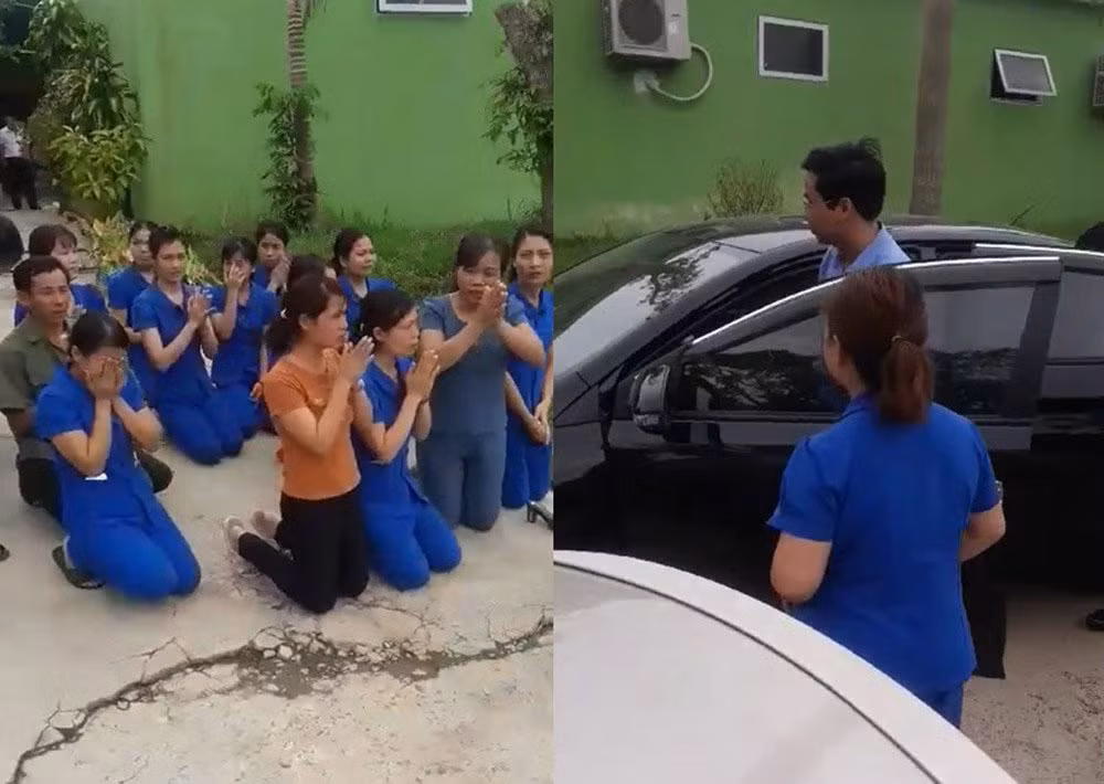 Lúc cơ quan chức năng chuẩn bị rời ngôi trường thì giáo viên bất ngờ quỳ gối