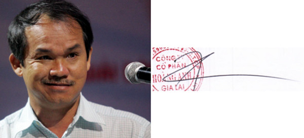  3. Đại gia Đoàn Nguyên Đức (bầu Đức) Ông Đoàn Nguyên Đức có biệt danh là Bầu Đức (sinh 1962). Ông là một “ông bầu” nổi tiếng trong làng bóng đá và là một doanh nhân thành đạt với thương hiệu Hoàng Anh – Gia Lai. Năm 2011, ông được Wall Street Journal đánh giá là một trong 30 doanh nhân quyền lực nhất Đông Nam Á… Chữ ký của "Bầu Đức" được cho là không quá phức tạp. Ảnh: Zing.