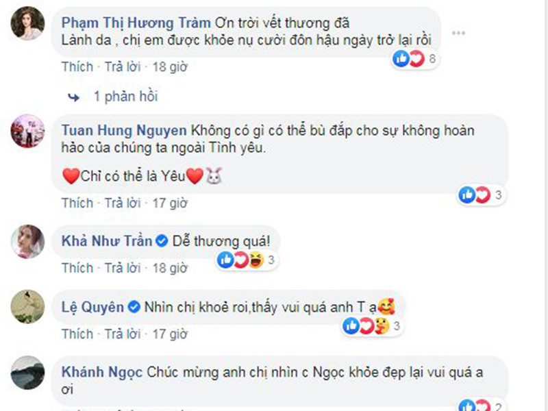 Hương Tràm, Tuấn Hương, Lệ Quyên bày tỏ vui mừng khi thấy Hồng Ngọc sắp xinh đẹp trở lại.