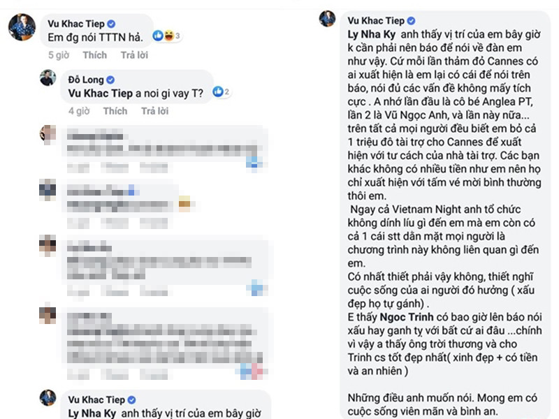 Ở một bình luận, Khắc Tiệp chỉ đích danh Lý Nhã Kỳ. “Có nhất thiết phải vậy không, thiết nghĩ cuộc sống của ai người đó hưởng (xấu đẹp họ tự gánh). Em thấy Ngọc Trinh có bao giờ lên báo nói xấu hay ganh tỵ với bất cứ ai đâu", ông bầu viết. Ảnh: Vietnamnet