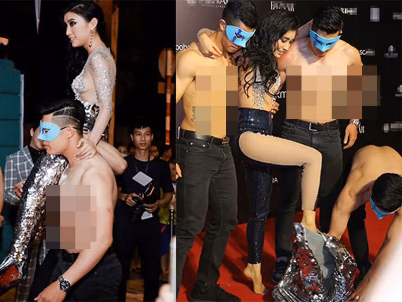 Chiêu trò trên thảm đỏ khiến sao Việt mất nhiều hơn được. Điển hình là Tiêu Châu Như Quỳnh. Sau khi hóa thân người cá, được 3 người mẫu nam bồng trên vai và lột phụ kiện đuôi cá ngay trên thảm đỏ, Như Quỳnh bị chỉ trích dữ dội, không dám mặc lố một lần nữa. Ảnh: Zing