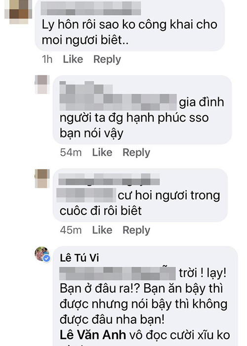 Mới đây, vợ chồng Tú Vi - Văn Anh cũng bỗng dưng “tai bay vạ gió” vì bị antifan tung tin bí mật ly hôn. Trước tin đồn thất thiệt, Tú Vi đáp trả “Bạn ăn bậy thì được nhưng nói bậy thì không được đâu nha bạn".