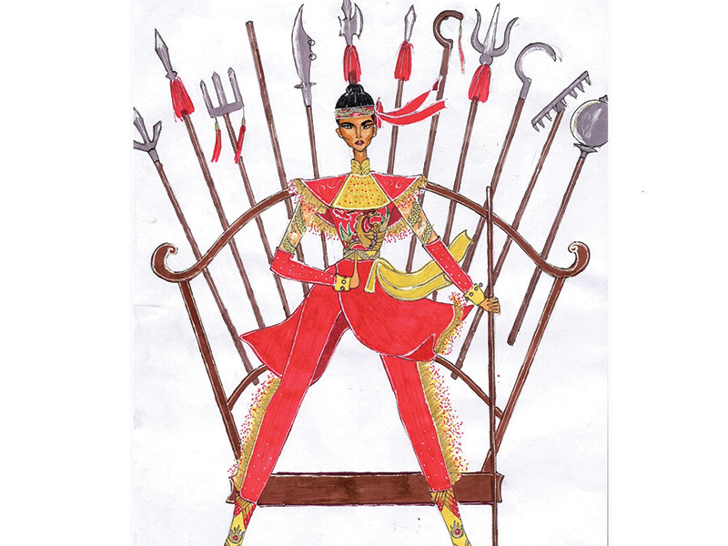 Một tác phẩm khác của Cao Văn Tường là “Đất võ trời văn”. Trang phục lấy ý tưởng từ võ thuật lâu đời Tây Sơn, hát bội của Bình Định. Cao Văn Tường đã cách tân từ chiếc áo dài, đường nét của môn nghệ thuật hát bội vào bộ trang phục của võ thuật Tây Sơn, họa tiết rồng phụng, thêu, đính kết, tua rua.