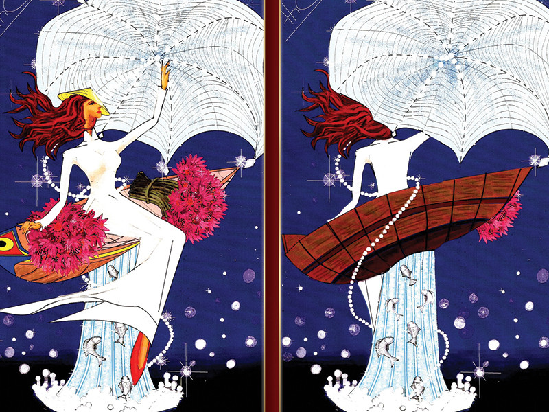 “Áo dài tung lưới” của Nguyễn Thái Cường lấy ý tưởng từ văn hóa bắt cá mùa nước nổi ở miền Tây Nam Bộ.