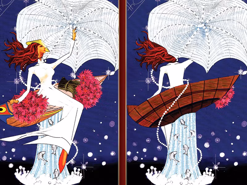 “Áo dài tung lưới” của Nguyễn Thái Cường lấy ý tưởng từ văn hóa bắt cá mùa nước nổi ở miền Tây Nam Bộ.