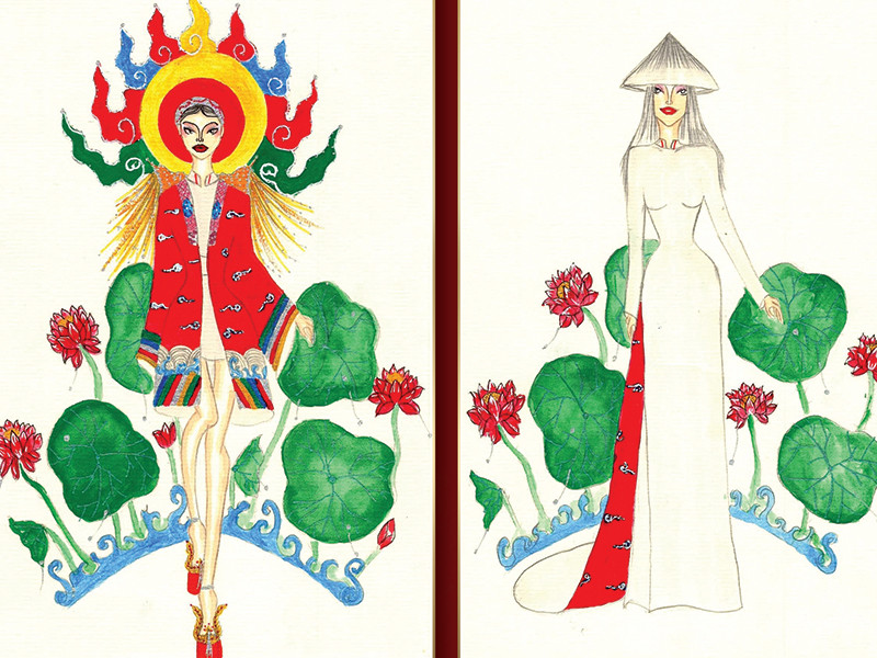 Phạm Hoài Nam mang đến thiết kế “Nàng Lam xứ Huế” với chiếc áo Nhật Bình - đặc trưng cho mệnh phụ ngày xưa, kết hợp cùng tà áo dài trắng nên thơ.