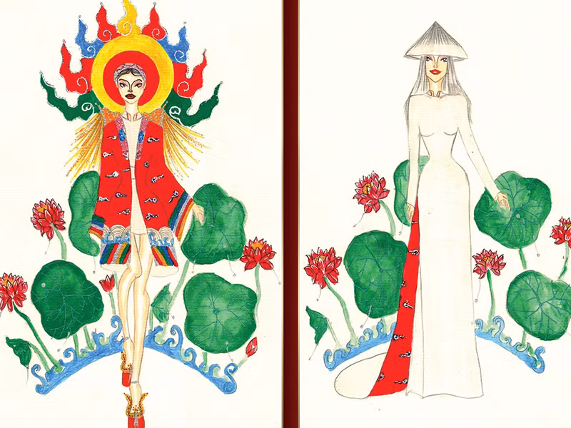 Phạm Hoài Nam mang đến thiết kế “Nàng Lam xứ Huế” với chiếc áo Nhật Bình - đặc trưng cho mệnh phụ ngày xưa, kết hợp cùng tà áo dài trắng nên thơ.