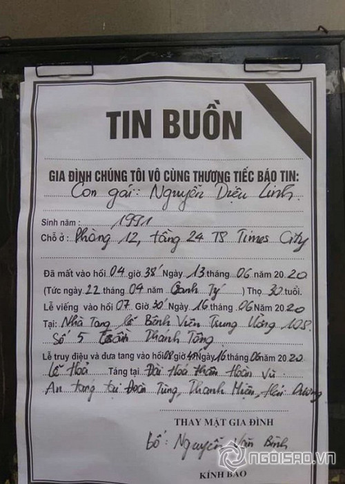 Theo cáo phó, lễ tang và lễ hỏa táng nữ MC Diệu Linh diễn ra cùng ngày. Ảnh: Ngôi sao