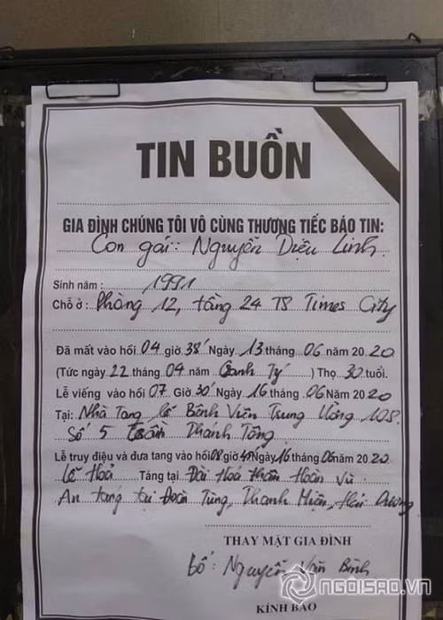 Theo cáo phó, lễ tang và lễ hỏa táng nữ MC Diệu Linh diễn ra cùng ngày. Ảnh: Ngôi sao