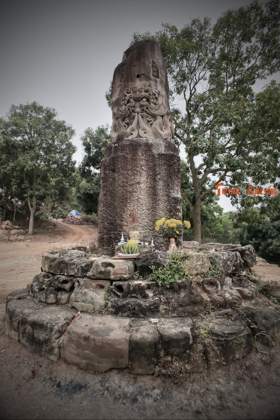 Vào năm 1977, quan điểm đầu tiên về bản chất của cột đá chùa Dạm đã được công bố. Theo đó, cột đá này là một linga (dương vật) mang tinh thần tín ngưỡng phồn thực của người Việt trong sự giao thoa với văn hóa Chăm Pa – Ấn Độ.