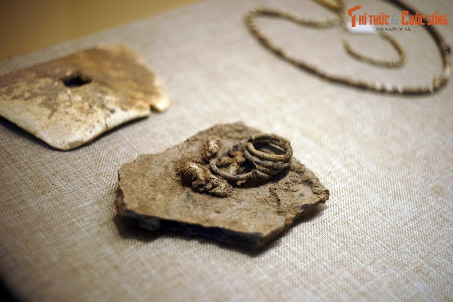 Chất liệu xương và vỏ nhuyễn thể có đồ trang sức là vòng tay, hạt chuỗi, răng nanh thú và muôi cán hình hoa ba cánh. Ảnh: Các loại đồ trang sức và vòng tay bằng xương, ngà ở Giồng Cá Vồ.