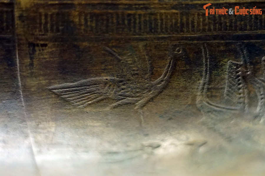 Hình một loài chim có cổ dài, mỏ dài, chân dài, đuôi dài trong tư thế bay nhảy ở phần tang của trống đồng Sao Vàng.