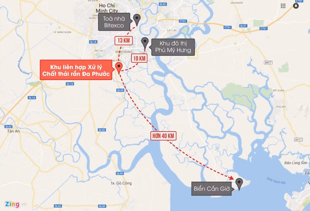 Khoảng cách từ bãi rác Đa Phước tới trung tâm TP HCM chừng 13 km và tới khu đô thị Phú Mỹ Hưng chỉ chừng 10 km. Đồ họa: Phượng Nguyễn. 