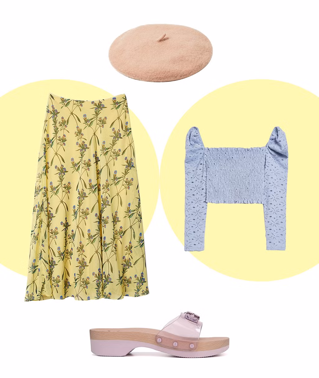 Đây là gợi ý phù hợp cho những cô nàng "tiểu thư", yêu thích phong cách nhẹ nhàng. Chiếc áo bèo nhún tay phồng đi cùng với mũ nồi màu hồng sẽ khiến người mặc trở nên nữ tính hơn.