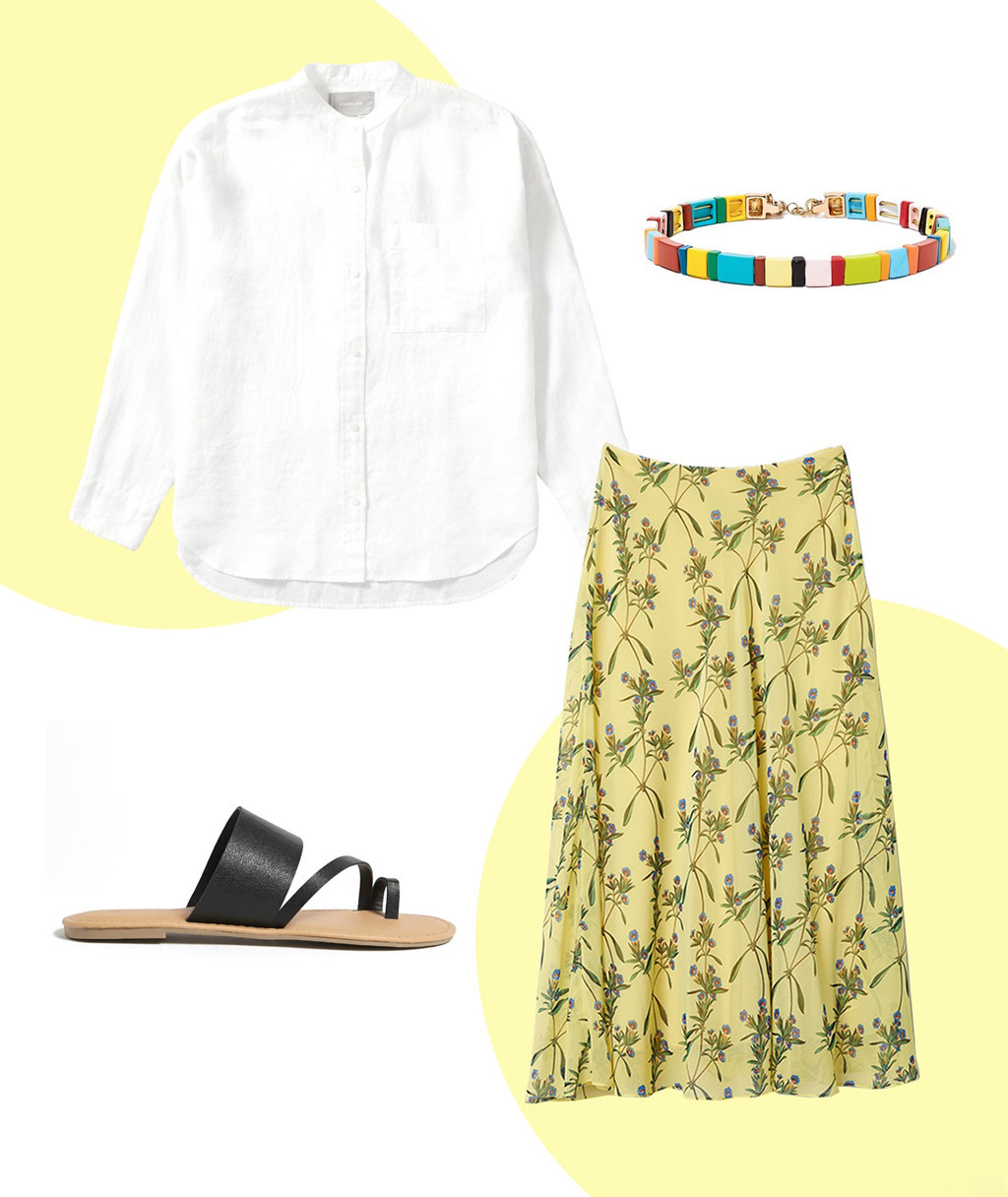 Màu trắng luôn thích hợp với mọi màu sắc khác đi kèm. Chính vì vậy, một chiếc áo sơ mi trắng đơn giản sẽ là lựa chọn an toàn cho bất kỳ cô gái nào. Tùy phong cách mỗi người có thể phối áo vào bên trong hay bên ngoài váy. Lưu ý để tránh set đồ trở nhạt nhòa thì người mặc nên tạo thêm điểm nhấn bằng những phụ kiện nổi bật khác như vòng tay, hoa tai nhiều màu sắc.