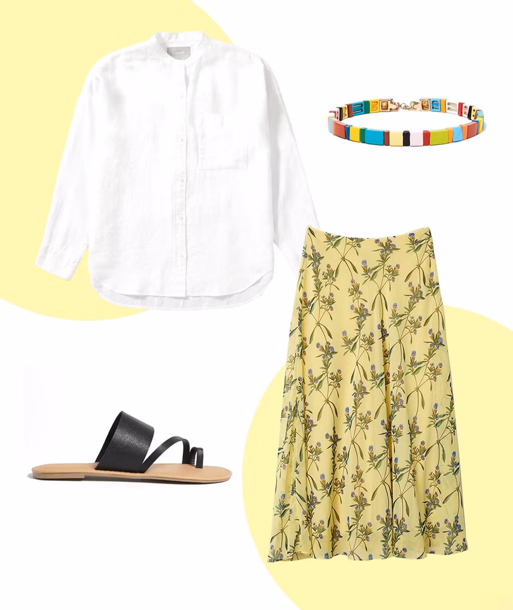 Màu trắng luôn thích hợp với mọi màu sắc khác đi kèm. Chính vì vậy, một chiếc áo sơ mi trắng đơn giản sẽ là lựa chọn an toàn cho bất kỳ cô gái nào. Tùy phong cách mỗi người có thể phối áo vào bên trong hay bên ngoài váy. Lưu ý để tránh set đồ trở nhạt nhòa thì người mặc nên tạo thêm điểm nhấn bằng những phụ kiện nổi bật khác như vòng tay, hoa tai nhiều màu sắc.