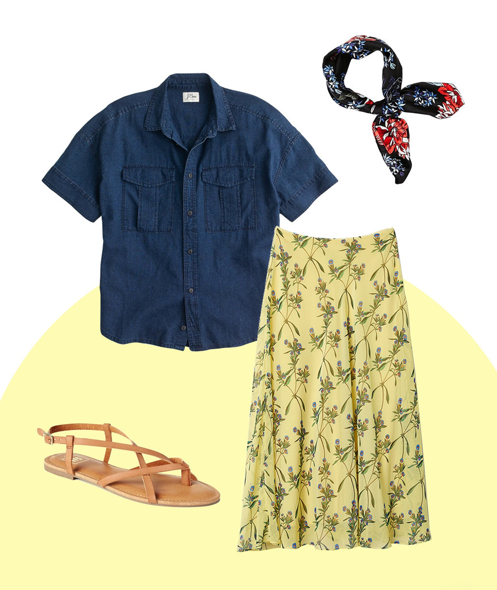 Đây là set đồ đậm chất mùa hè với áo sơ mi tay ngắn, giày sandal bệt và khăn turban trẻ trung. Màu áo denim sẽ giúp người mặc trở nên cá tính và mạnh mẽ hơn, cân bằng với vẻ dịu dàng của chiếc váy hoa.